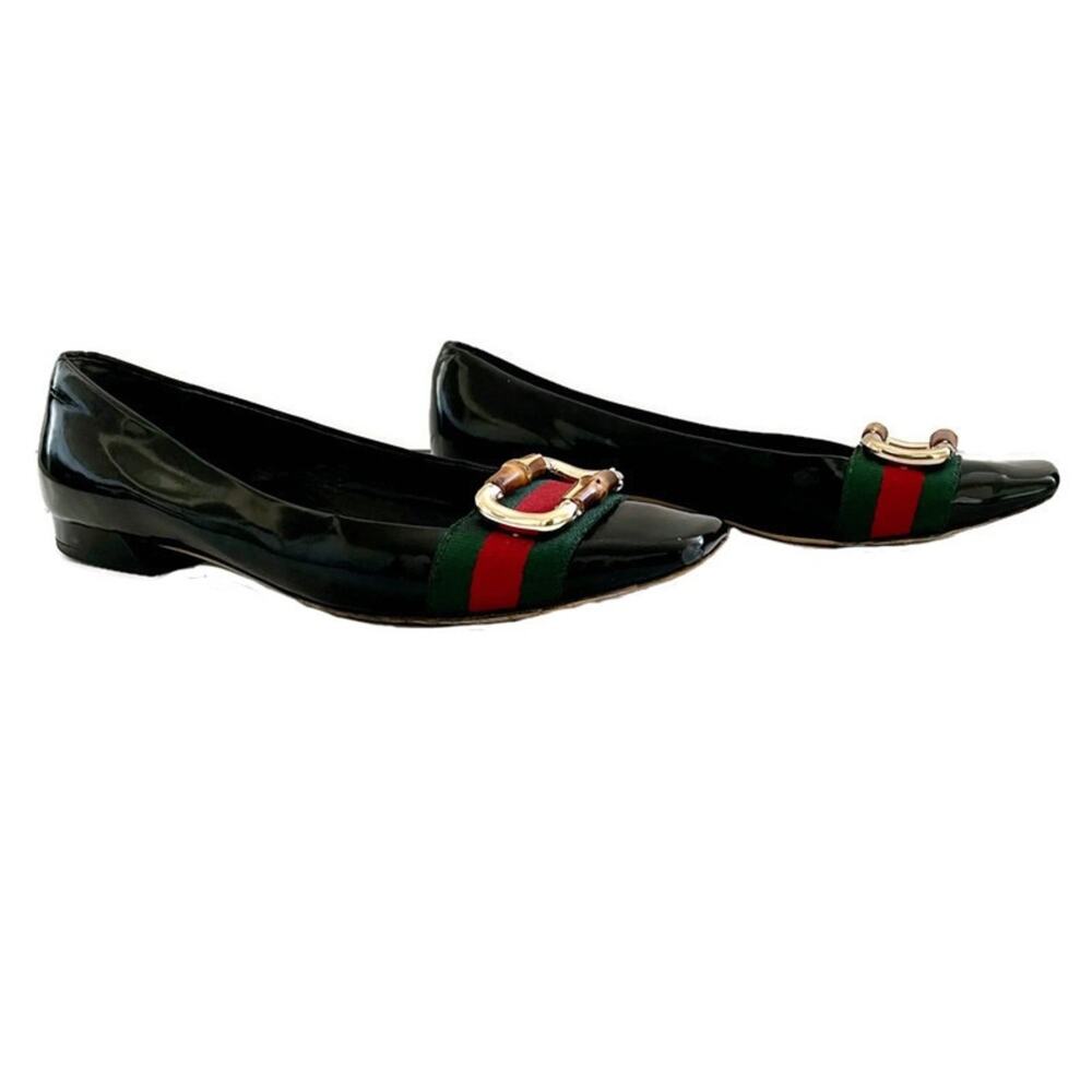 Gucci Patent Leather Signature Web Bamboo Buckle Loafers - Picture 2 of 9